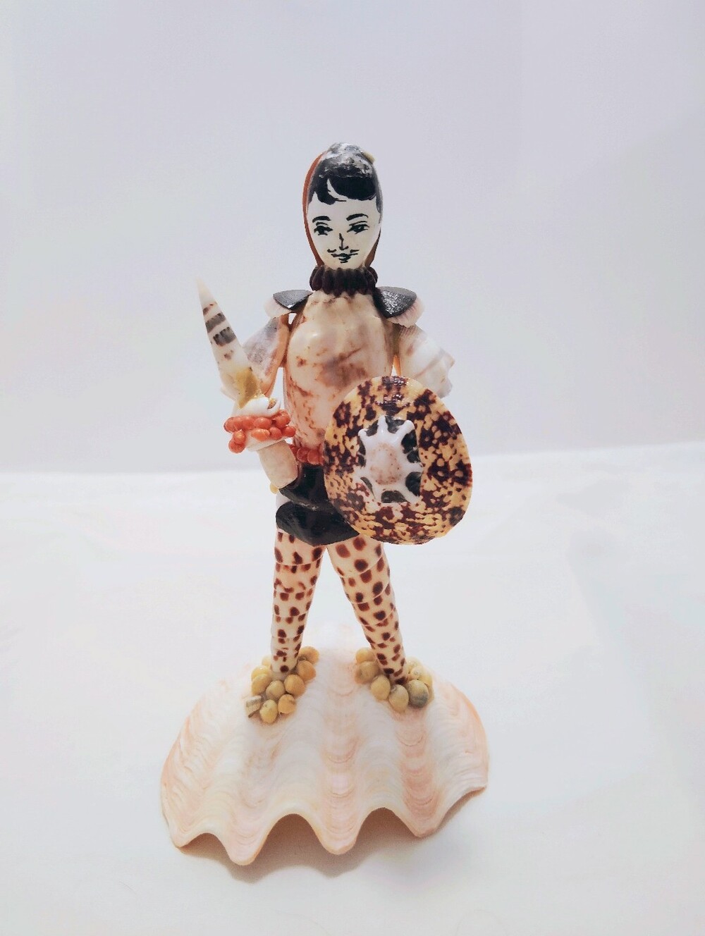 Handmade Seashell Art Sculpture Historic Folk Art Warrior with Sword & Shield 7”